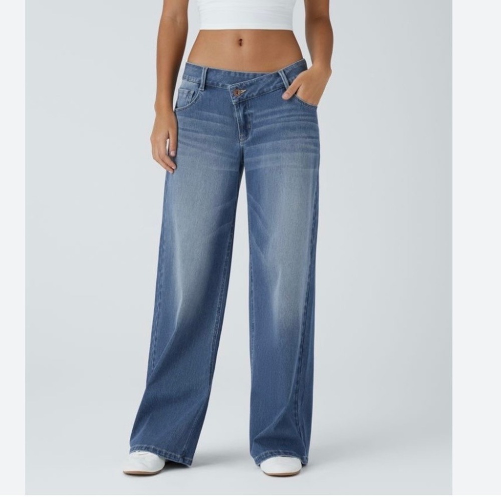 Halara Flex Denim Wide Leg Jeans Women XLP Blue Crossover Asymmetric Waist NWT